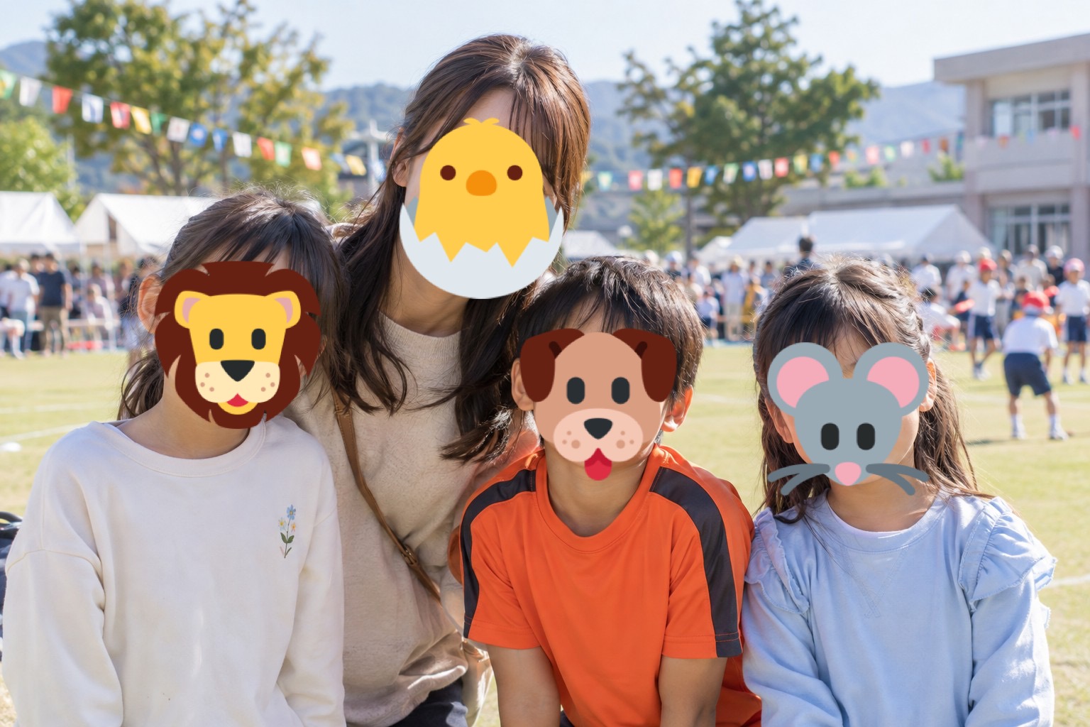 An edited example of faces covered by playful stamps