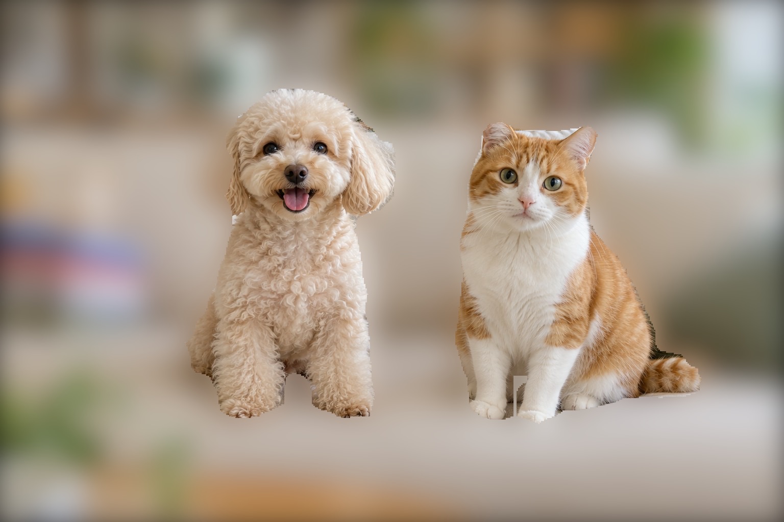 A photo edited in the app, with the dog and cat preserved and the surroundings blurred