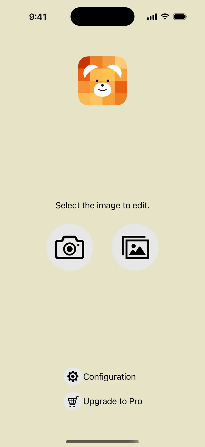 The start screen with photo library and camera buttons