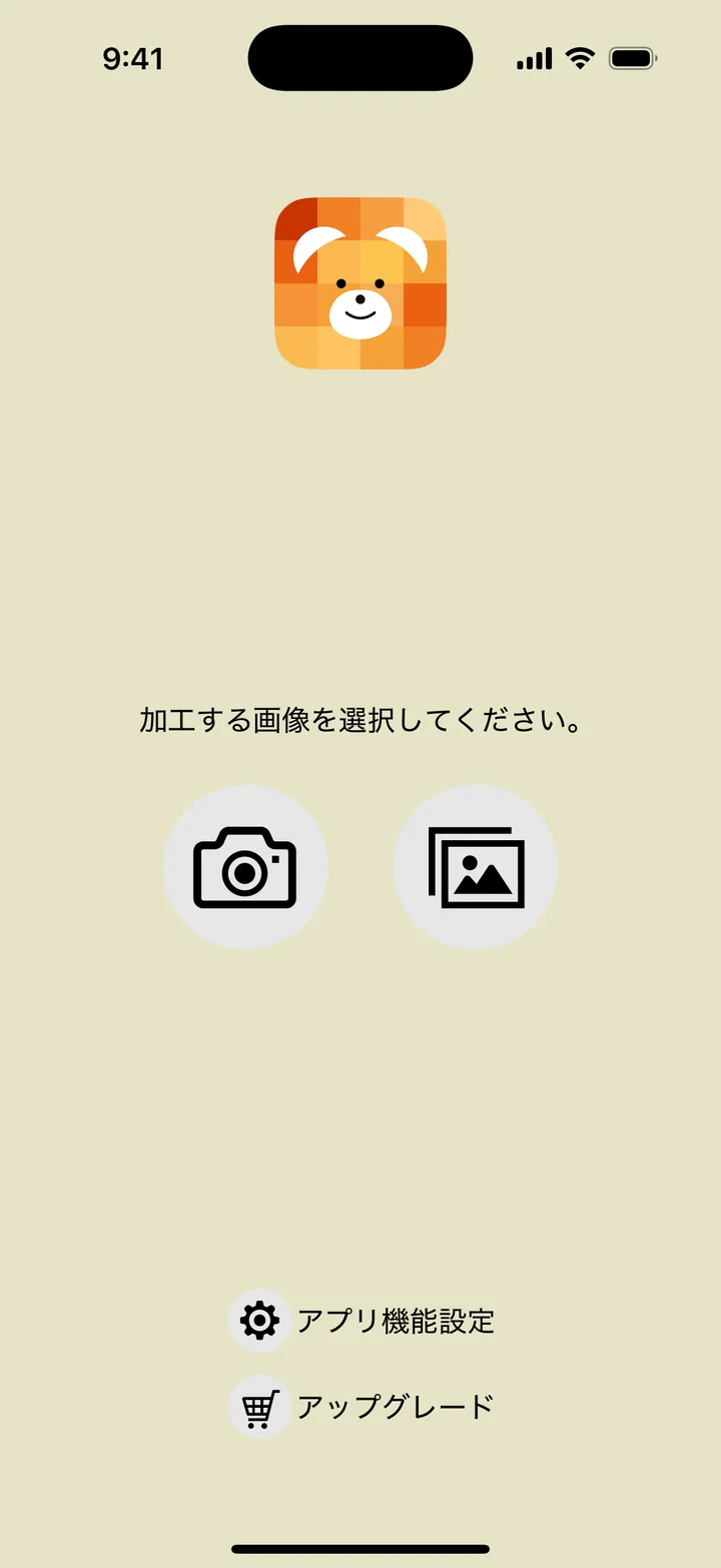 写真とカメラの入口がある起動画面
